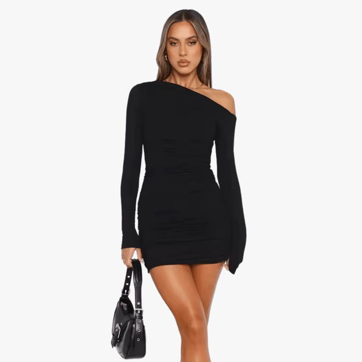 Women's one-shoulder long-sleeve mini dress, a fashionable and fitted option for evening wear.