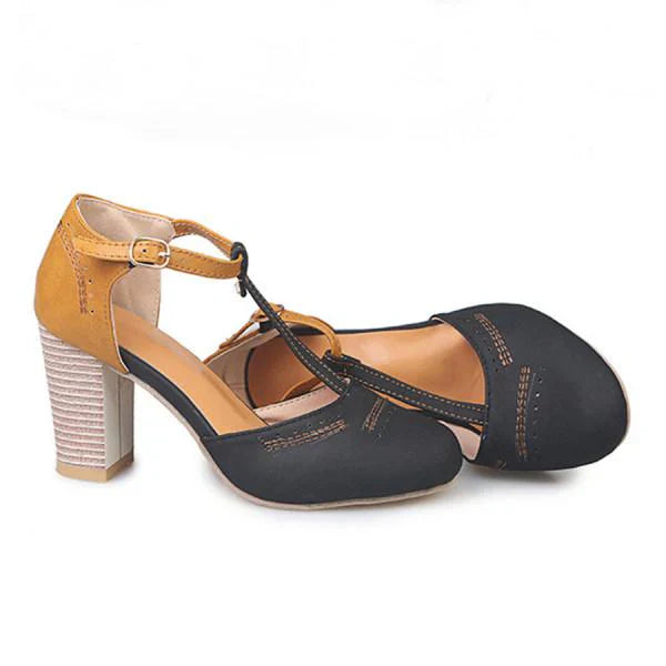 Stylish beige women's T-strap block heels, versatile for all seasons and adding retro flair to any outfit.