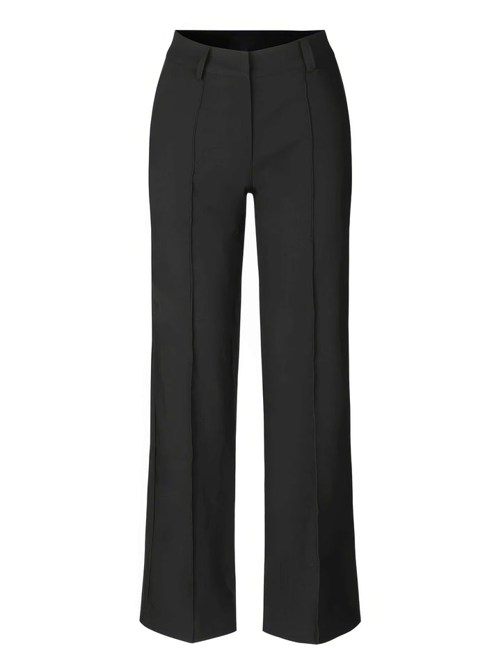 Black wide leg polyester trousers for women, designed for a comfortable, stylish, and relaxed feel.
