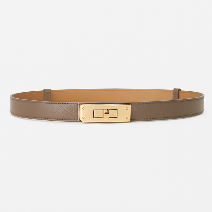 Elegant black women's cinch waist belt featuring a stylish gold twist-lock buckle, a versatile fashion accessory.