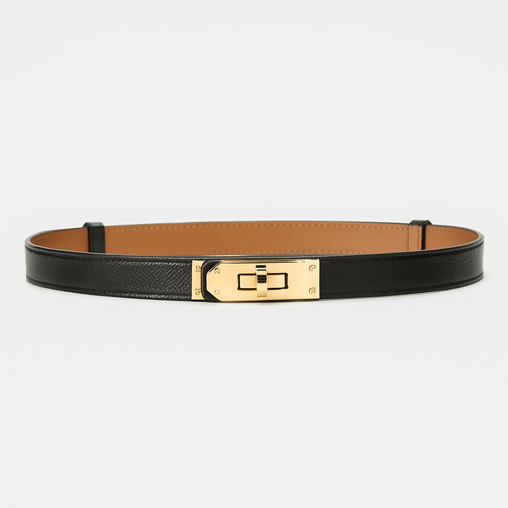 Fashionable red dress belt for women, showcasing a beautiful gold twist-lock buckle for a cinched waist look.