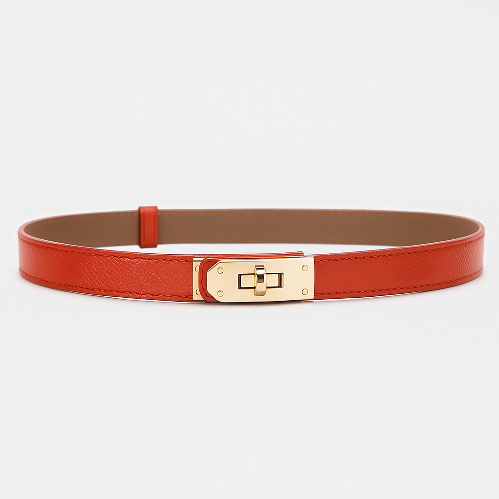 Light brown women's elegant cinch belt with a distinctive gold twist-lock buckle, a chic accessory for any outfit.