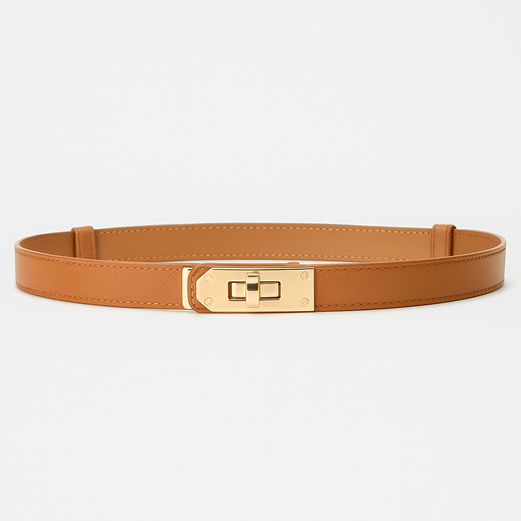 Versatile black waist belt for women, accented with a sophisticated gold twist-lock buckle, ideal for elegant styling.