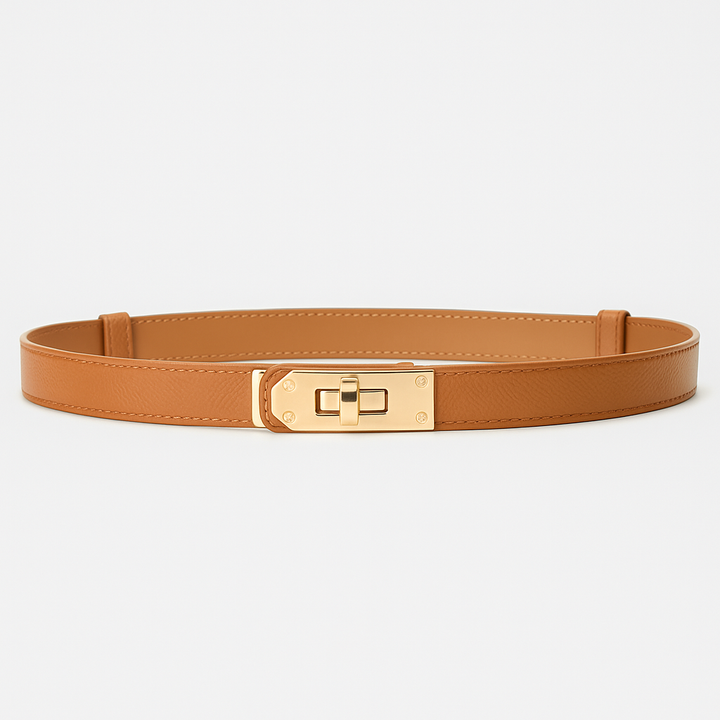 Versatile black waist belt for women, accented with a sophisticated gold twist-lock buckle, ideal for elegant styling.