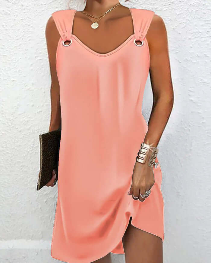 Comfortable pink women's flowing midi dress, a breathable summer casual dress ideal for warm weather.
