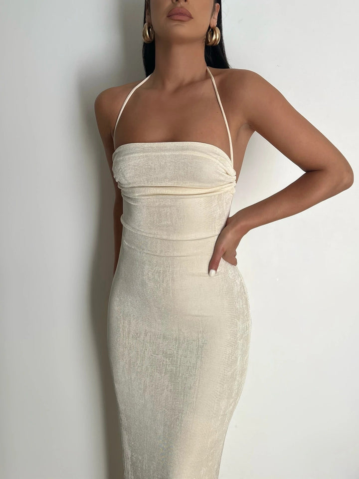 Sophisticated women's formal low back maxi dress, elegant and stylish.