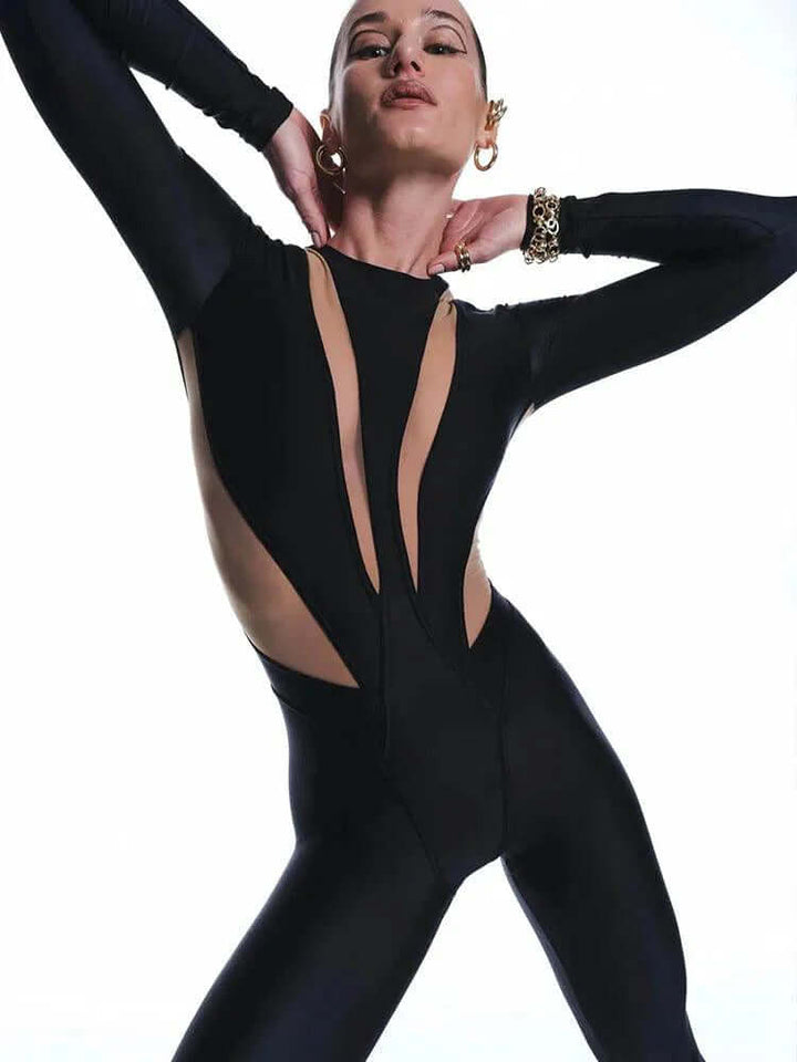 Chic women's mesh panelled black jumpsuit, bodycon fit, ideal for parties & elegant evening fashion. Skinny silhouette.