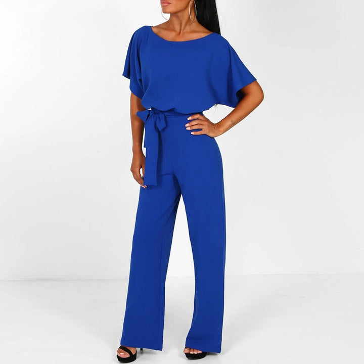 "Elegant black women's belted wide-leg jumpsuit, chic design accentuates waist for a sophisticated look, versatile style."