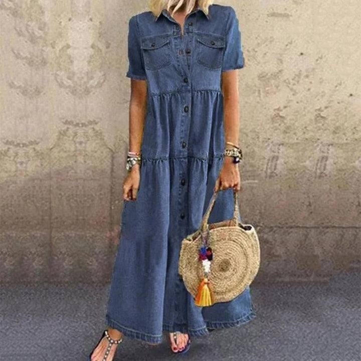 Elegant blue denim dress for women. Slimming fit, comfortable & stylish. Perfect versatile summer casual wear.