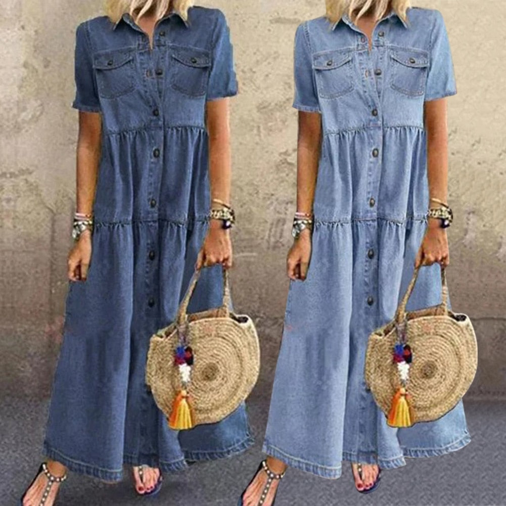 Women's versatile blue denim dress with an elegant, slimming design. Ideal for casual, summer fashion & comfort.