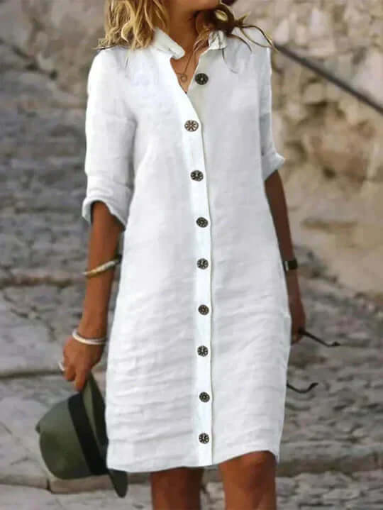 "Elegant blue linen dress with airy feminine silhouette for women, offering comfort and style, perfect for various occasions.