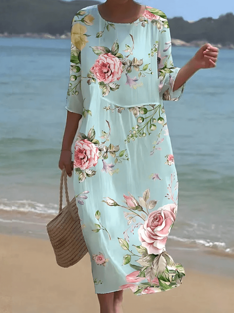 Elegant blue long sleeve maxi dress for women, offering flowy comfort, perfect for versatile summer days.