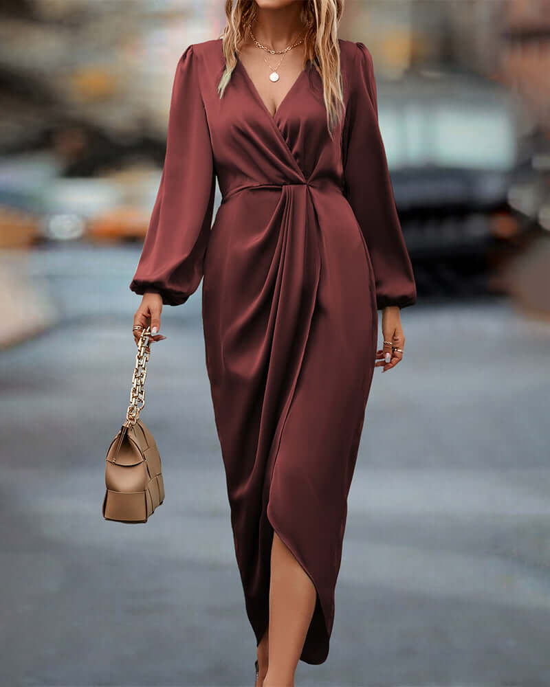 Chic women's light champagne V-neck dress. Features long lantern sleeves & versatile for day to night.