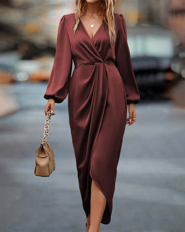 Chic women's light champagne V-neck dress. Features long lantern sleeves & versatile for day to night.