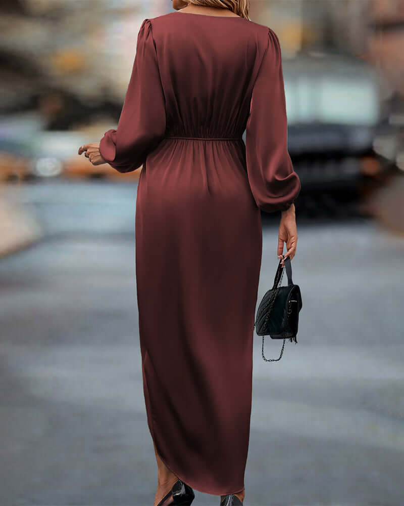 Long sleeve V-neck elegant dress for women, ideal for parties or casual chic fall fashion.