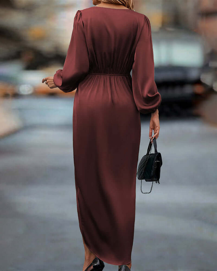 Long sleeve V-neck elegant dress for women, ideal for parties or casual chic fall fashion.