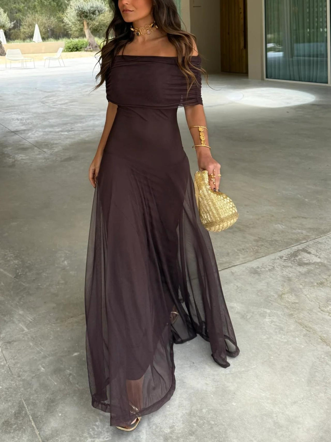 Elegant brown off-shoulder maxi dress for women, perfect for weddings & special occasions.