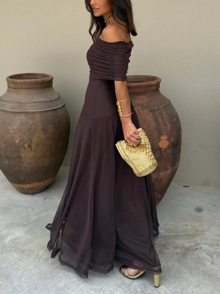 Women's sophisticated off-shoulder brown maxi dress, ideal for evening parties & events.