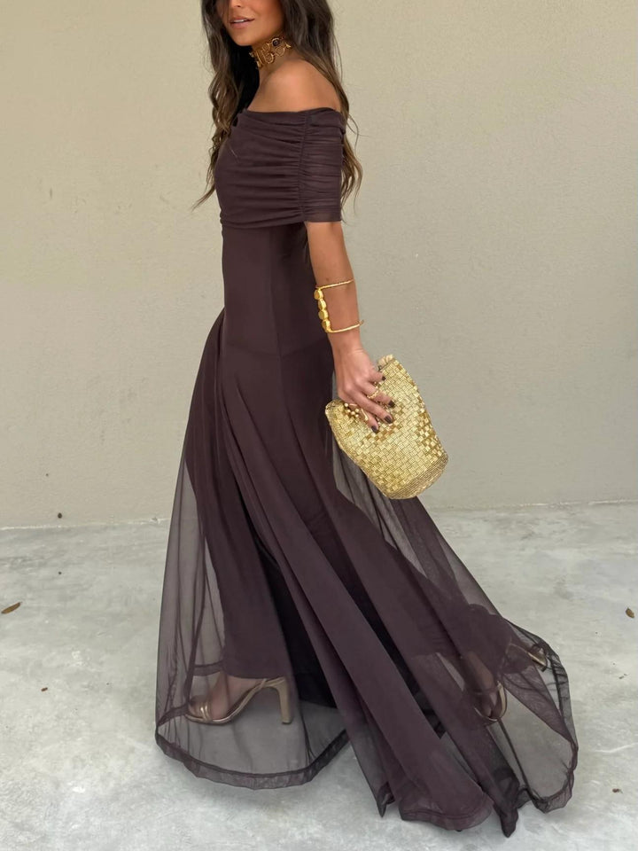 Flowy long brown off-shoulder dress for women, an elegant choice for wedding guests.
