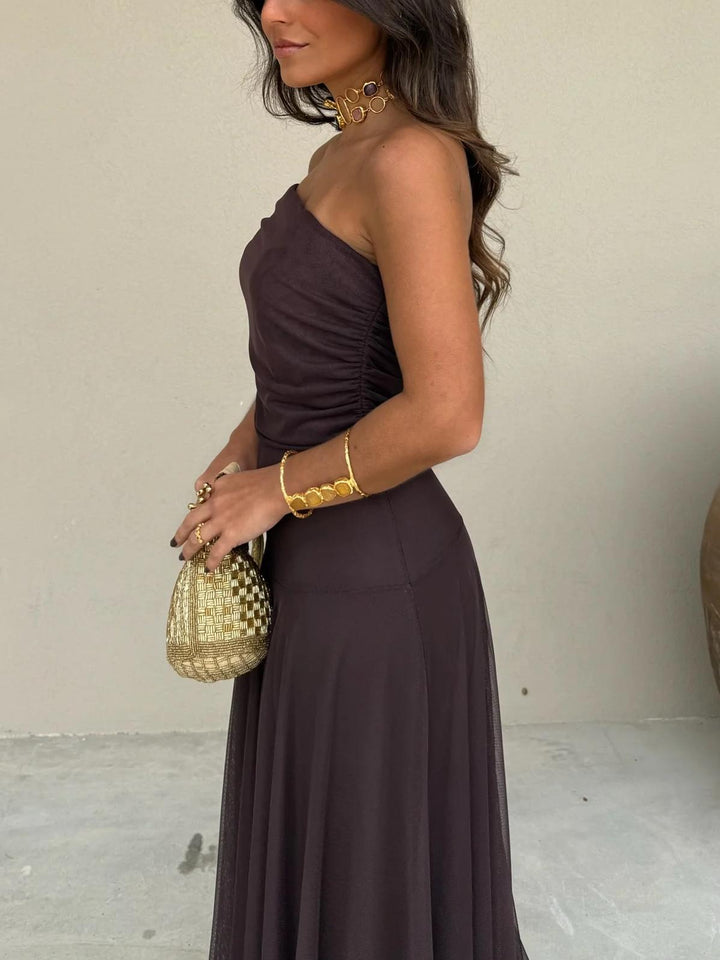 Women's long brown off-shoulder dress, elegant and perfect as a wedding guest maxi dress.