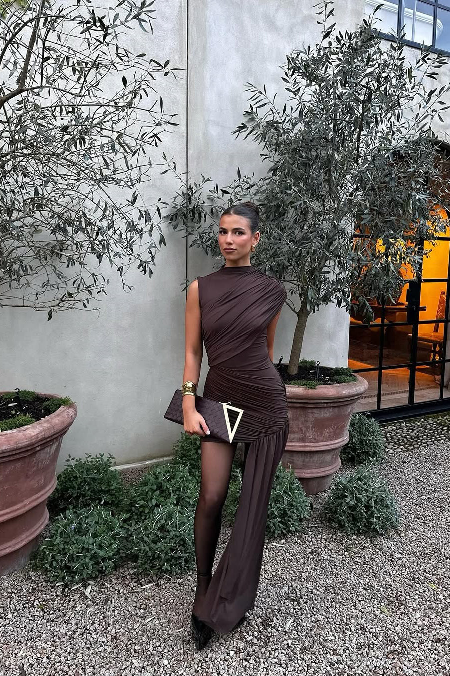 Stylish brown women's asymmetric ruched mini dress, an elegant choice for wedding guests, cocktails, or evening.
