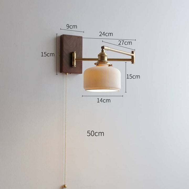 "Elegant ceramic wall lamp with wooden plate, featuring a modern design in cylinder or globe lampshade for stylish interiors.