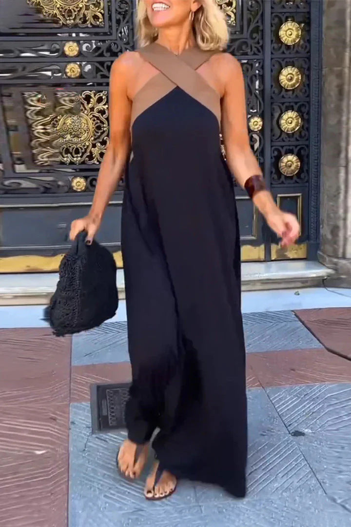 Elegant cross-neck maxi dress for women, flowing & comfortable. Perfect summer or evening wear.