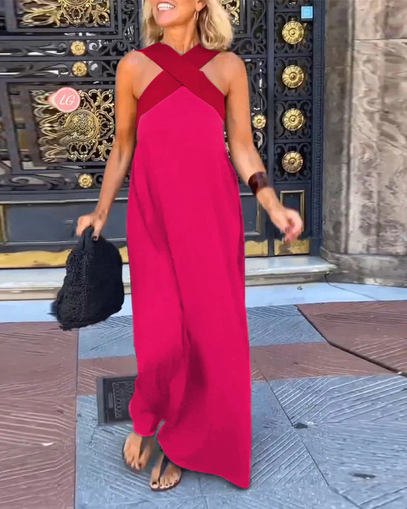 Comfortable women's cross-neck maxi dress, ideal for elegant day outings. Flowing, flattering silhouette.
