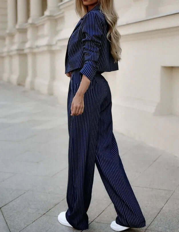 Sophisticated women's dark blue two-piece set, made from a comfortable polyester blend for office fashion.