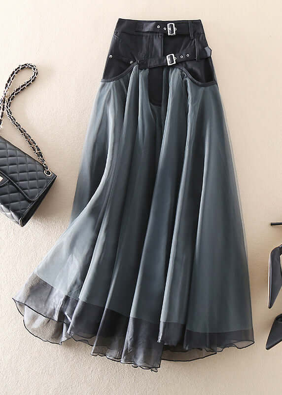 Elegant dark gray high waist long mesh skirt, flowy and sheer, a versatile maxi for women's fashion.