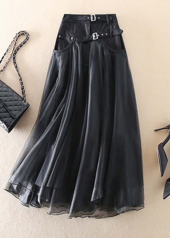 Chic black high waist mesh maxi skirt, long and flowy, perfect for parties or elegant women's wear.