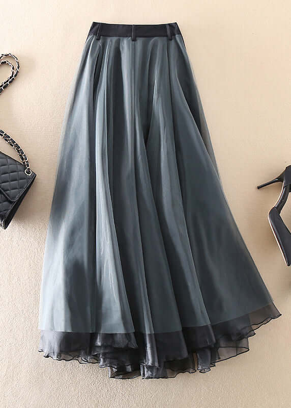 Women's high waist long mesh skirt in dark gray, sheer and flowing, a comfortable and stylish maxi skirt.
