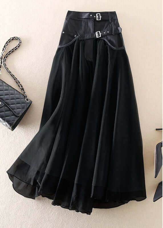 Flowy dark gray sheer mesh maxi skirt with a high waist, ideal for an elegant party or daily wear.