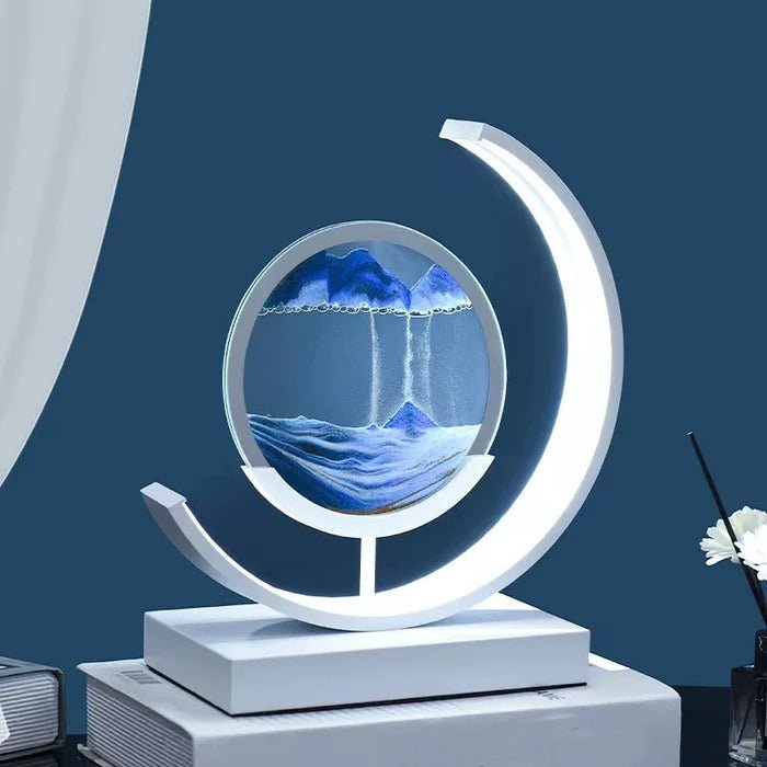"Elegant deep sea sand art with shifting sands, LED lighting in sleek frame, enhancing home decor with calming visuals."