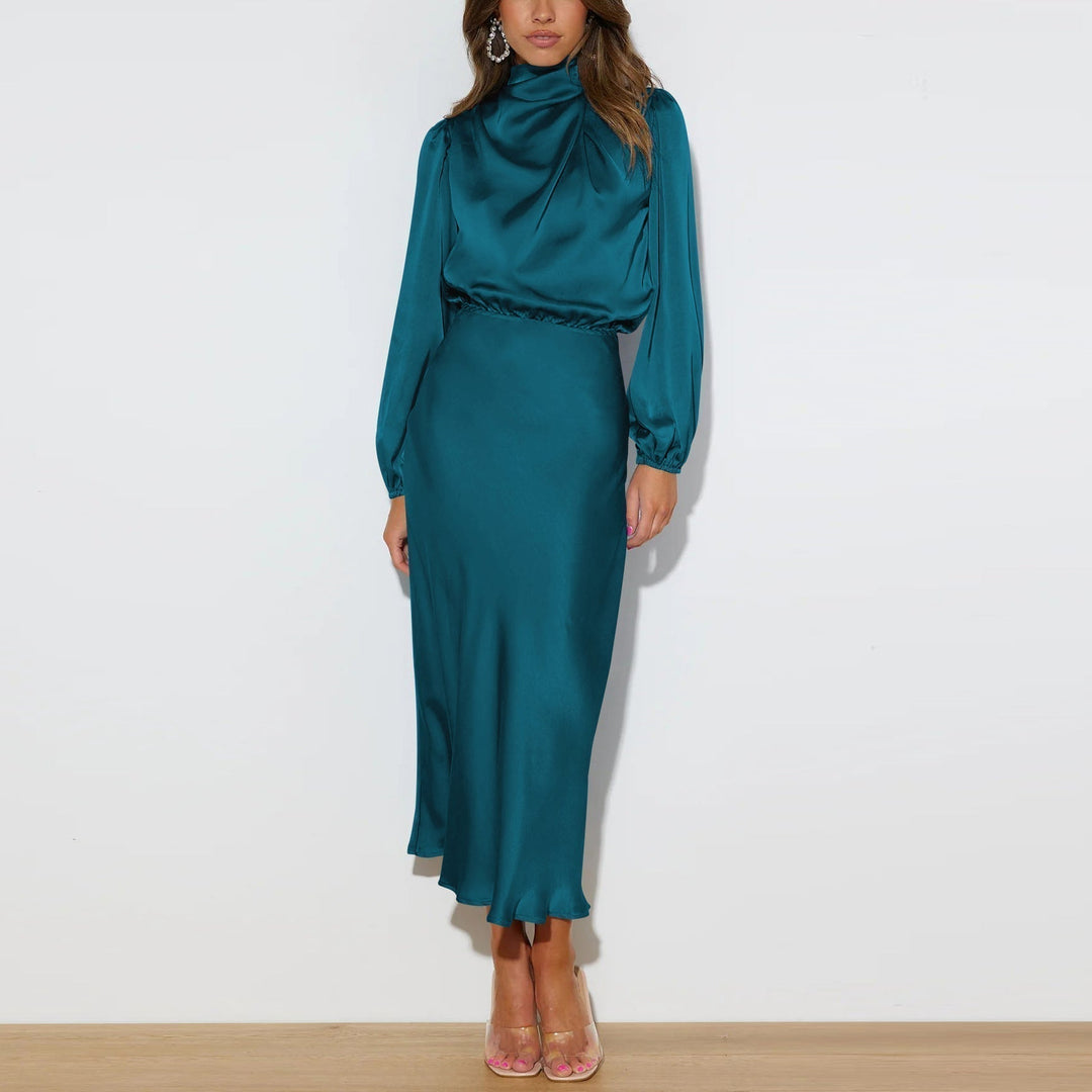 Beautiful women's long satin evening dress, an elegant choice for special occasions, parties, and formal events.