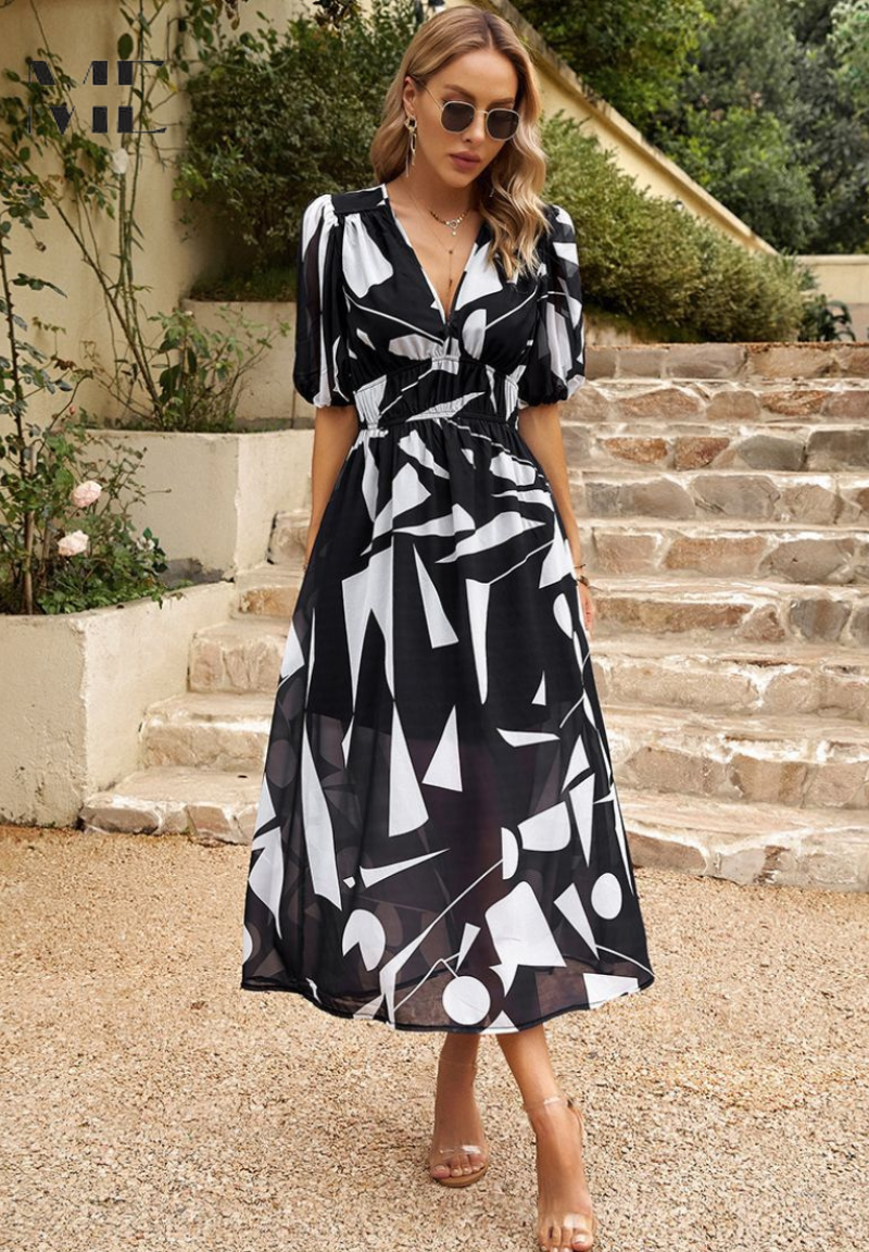 Women's floral midi dress with puff sleeves & V-neck, ideal for party wear & summer fashion.