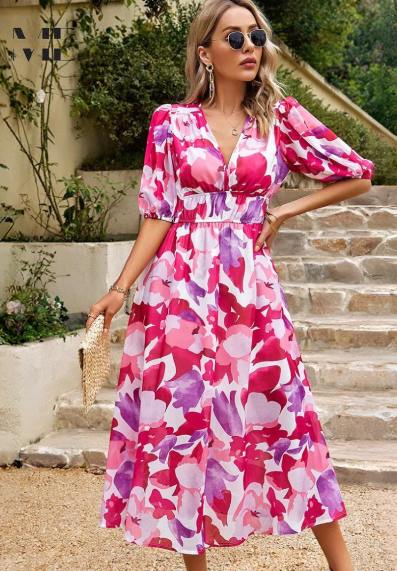 Elegant women's midi dress, floral pattern, puff sleeves, V-neck, elastic waist, stylish party attire.