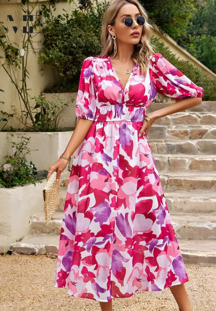 Elegant women's midi dress, floral pattern, puff sleeves, V-neck, elastic waist, stylish party attire.