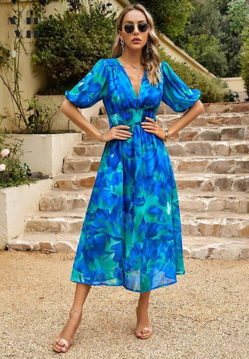 Summer party midi dress for women, elegant floral print, puff sleeves, and a flattering V-neck.