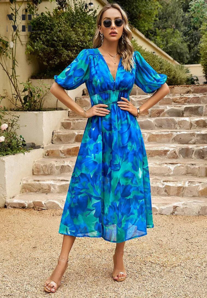 Summer party midi dress for women, elegant floral print, puff sleeves, and a flattering V-neck.