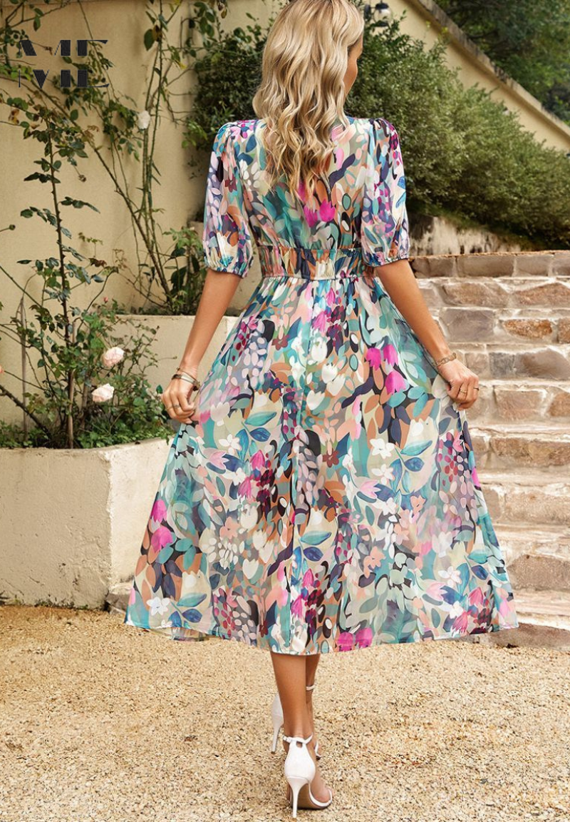 Summer garden party midi dress, vibrant floral print, flattering V-neck & delicate puff sleeves.