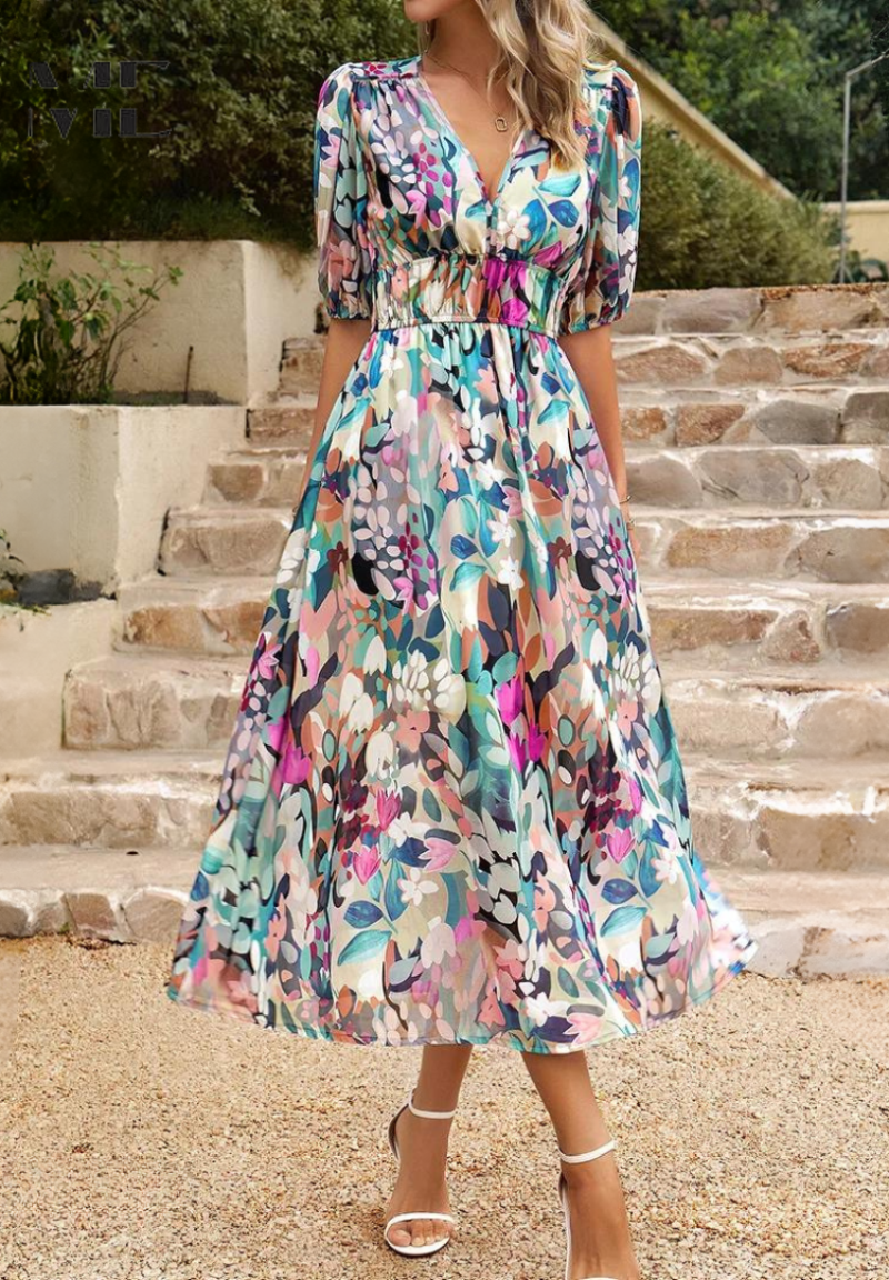 Chic women's midi dress, floral pattern, puff sleeves, ideal for elegant party or summer event.
