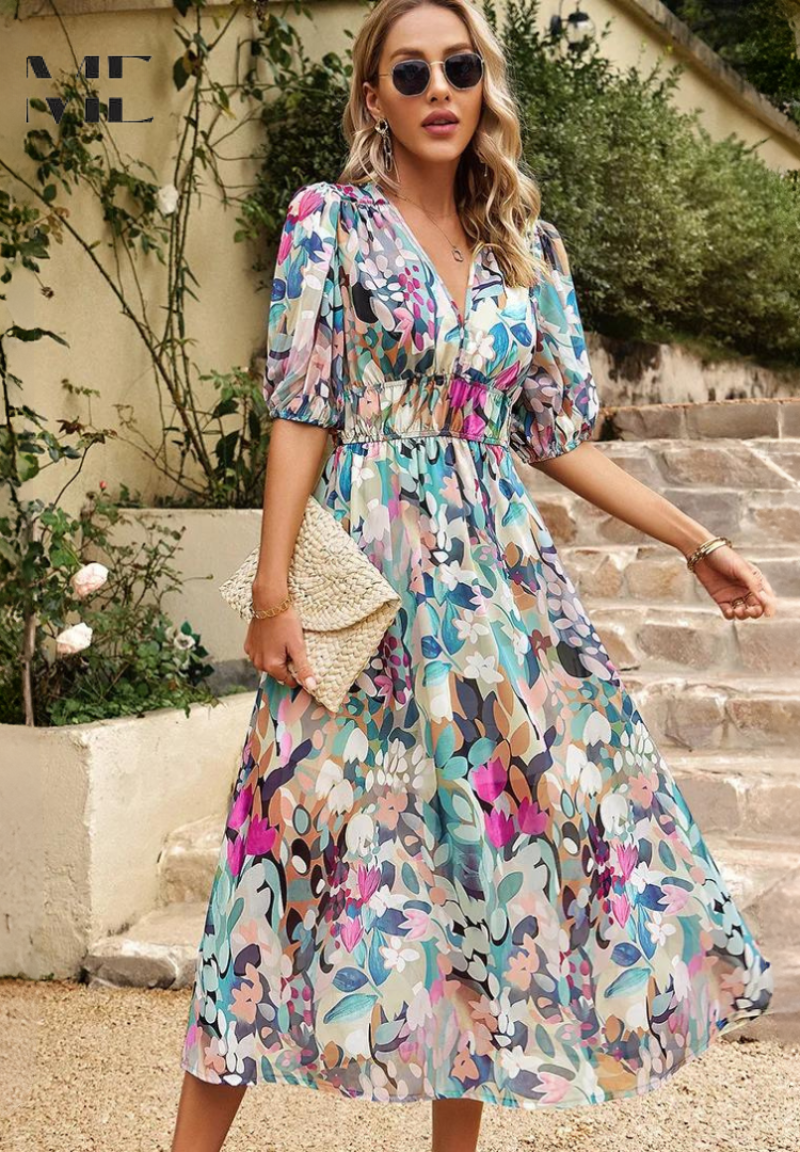 Beautiful floral midi dress for women, V-neck, elastic waist, puff sleeves, perfect for parties.