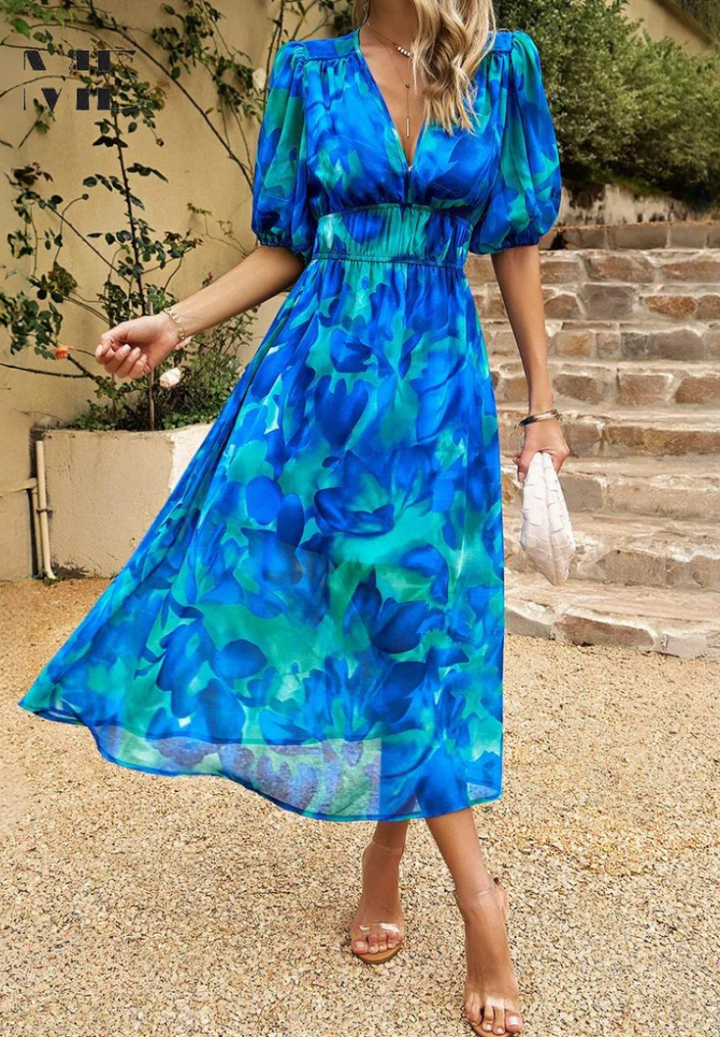 Floral puff sleeve midi dress for women, V-neck design, perfect for elegant summer garden parties.