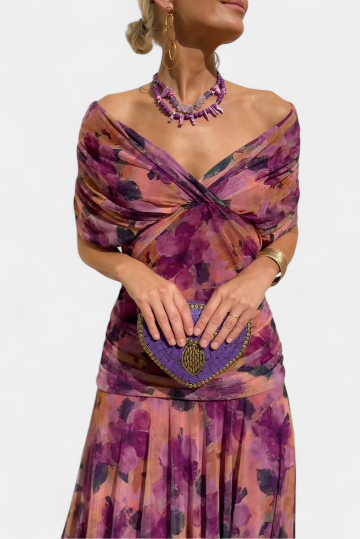 Elegant floral off-shoulder maxi dress for women, flowing purple & pink summer party gown.