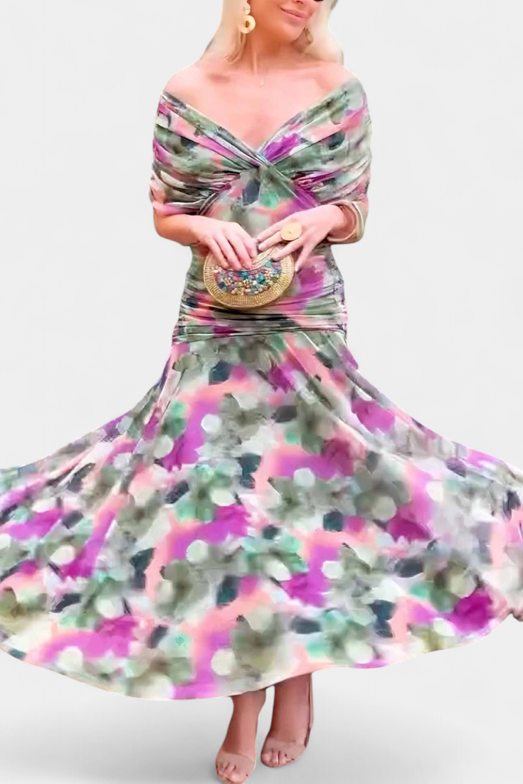 Off-shoulder neckline detail of women's elegant floral maxi dress, flowing purple & pink summer gown.