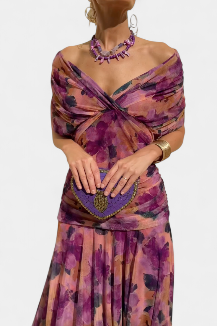 Purple & pink floral print women's off-shoulder maxi dress, elegant flowing summer party gown.