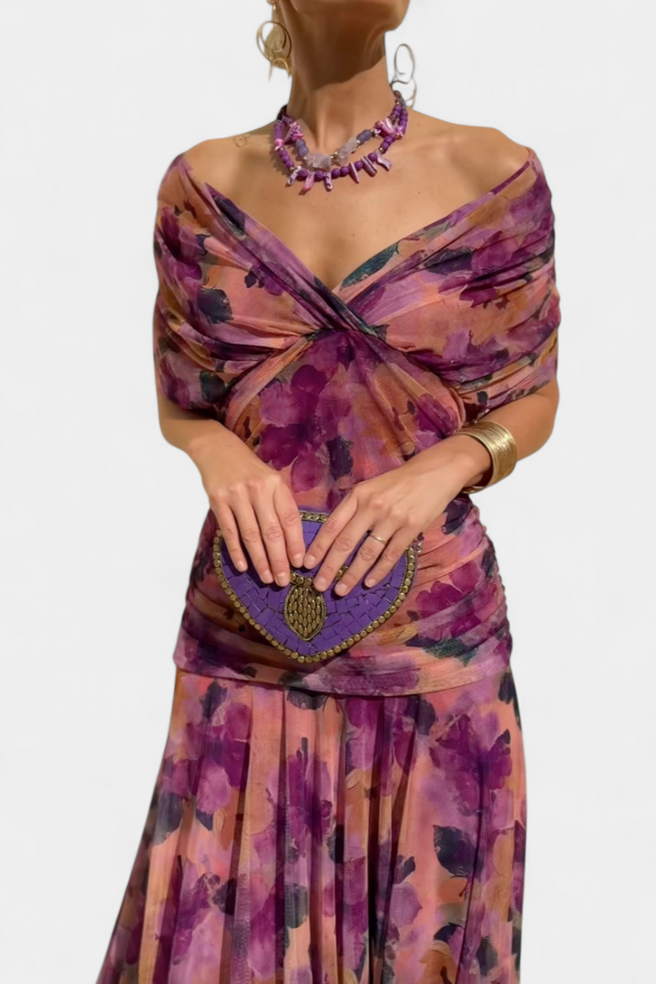 Purple & pink floral print women's off-shoulder maxi dress, elegant flowing summer party gown.