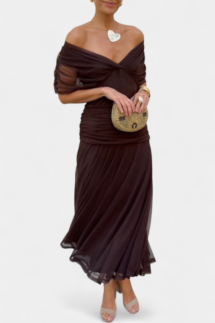 Flowing women's off-shoulder floral maxi dress, showcasing elegant purple & pink summer party movement.