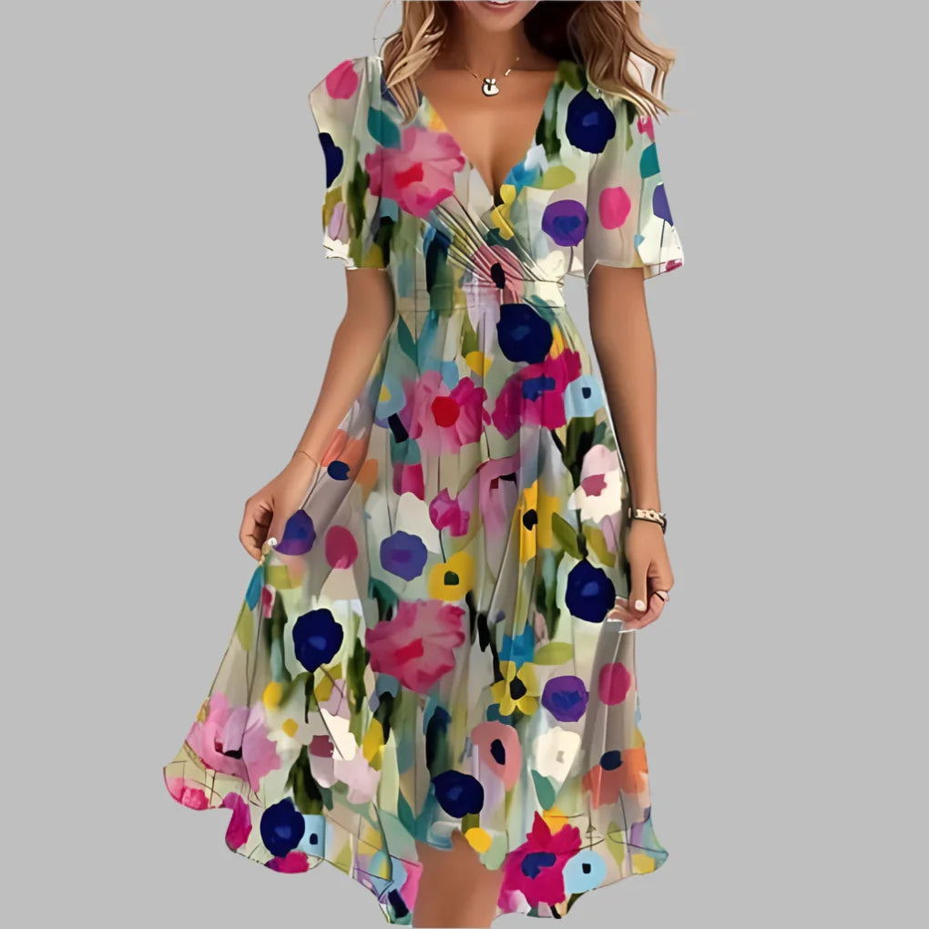 Women's stylish floral midi dress, ruched details, puff sleeves. Ideal for spring fashion & summer events.
